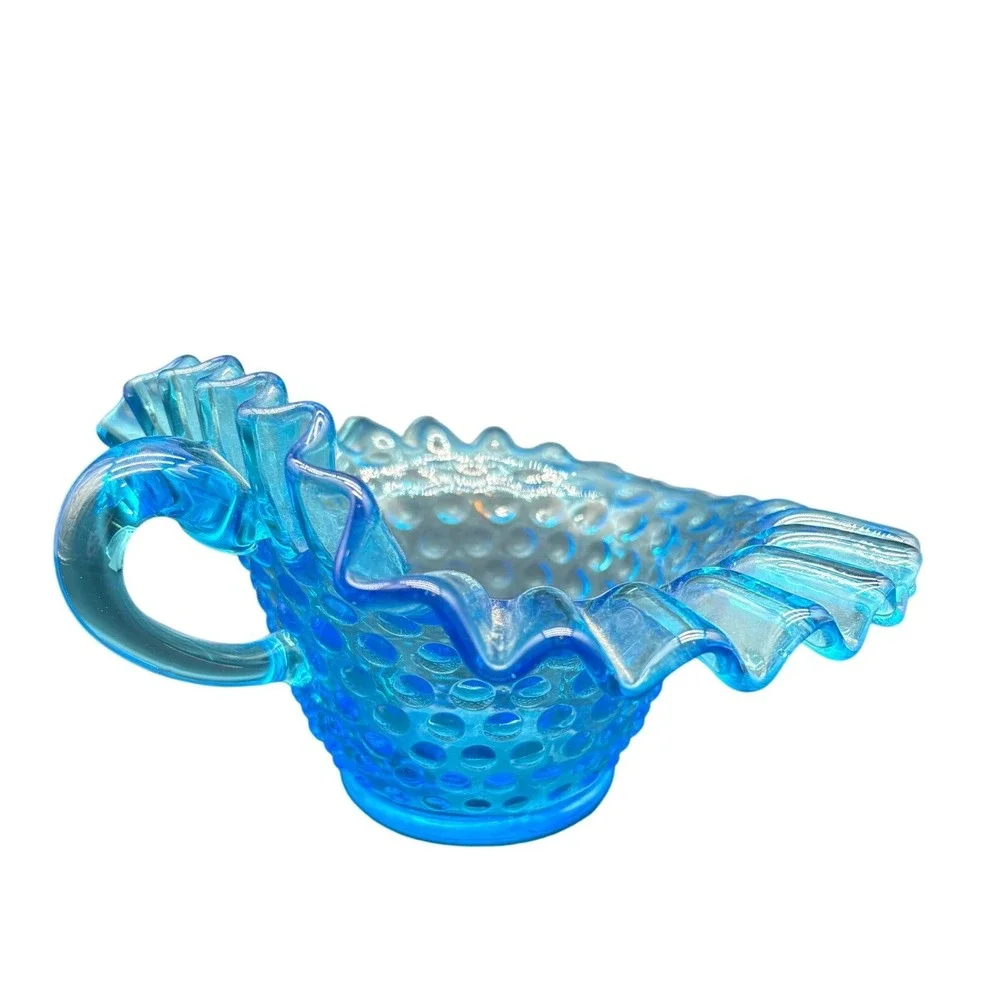 Blue‎ Hobnail Glass Ruffled Creamer Pitcher Dish Vintage